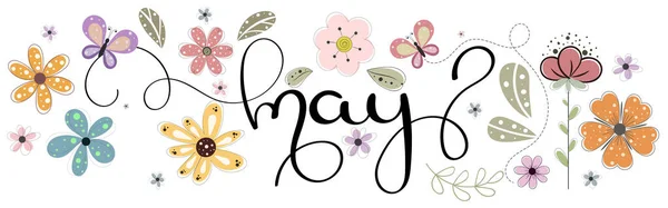 こんにちはメイ 5月ベクトル手の花 蝶や葉でレタリング 装飾用の花 イラストの月 — ストックベクタ