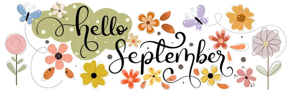 Hola Septiembre Septiembre Mes Decoración Vectorial Con Flores Hojas Ilustración — Archivo Imágenes Vectoriales