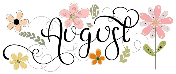 Merhaba August Çiçek Yapraklı Ağustos Ayı Vektörü Çiçek Süsleme Llüstrasyon — Stok Vektör