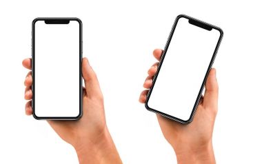 Boş ekran ve modern çerçeve ile siyah smartphone daha az tasarım - beyaz arka plan üzerinde izole tutan adam el