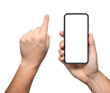 İnsan eliyle boş ekranlı akıllı telefonun bir kopyası