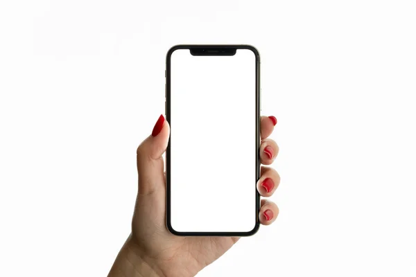 Mockup Smartphone Com Tela Branco Mão Humana — Fotografia de Stock