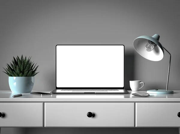 Laptop Moderno Com Tela Branco Mesa — Fotografia de Stock