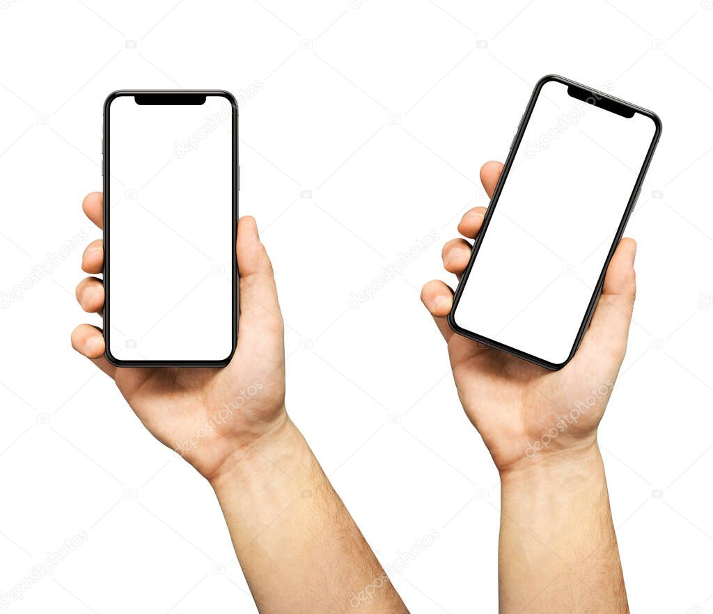 mockup of smartphone with blank screen in human hand