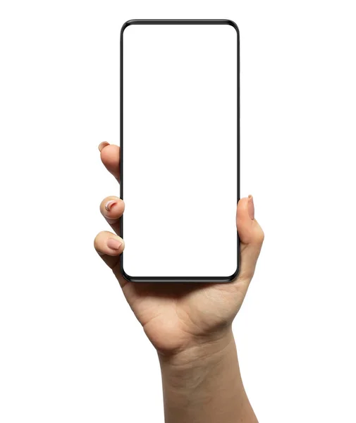 人間の手に空白の画面を持つスマートフォンのモックアップ — ストック写真