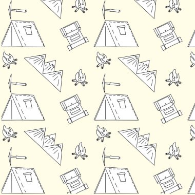 Şenlik ateşini, çadırı, sırt çantasını, kazmayı gösteren siyah ve beyaz desenler.