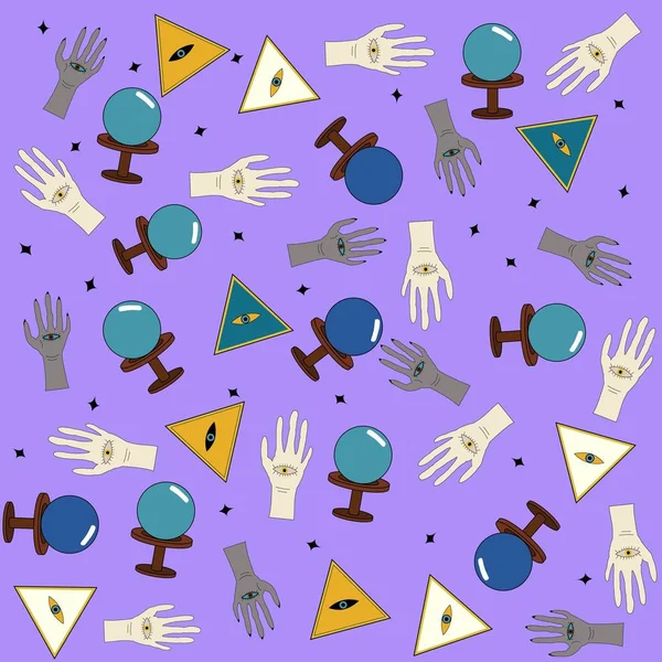 Muster Kunstvoller Okkulter Objekte Wie Kristallkugel Augen Pyramiden Hände — Stockfoto