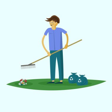 Elinde tırmık olan adam çimlerden şişe ve teneke kutuları temizliyor.