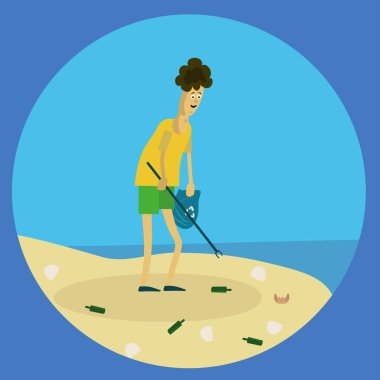 Adam sahili çöpten temizliyor.