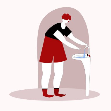 Adam lavaboda ellerini yıkıyor. Elle çizilmiş robot resimle vektör illüstrasyonu..