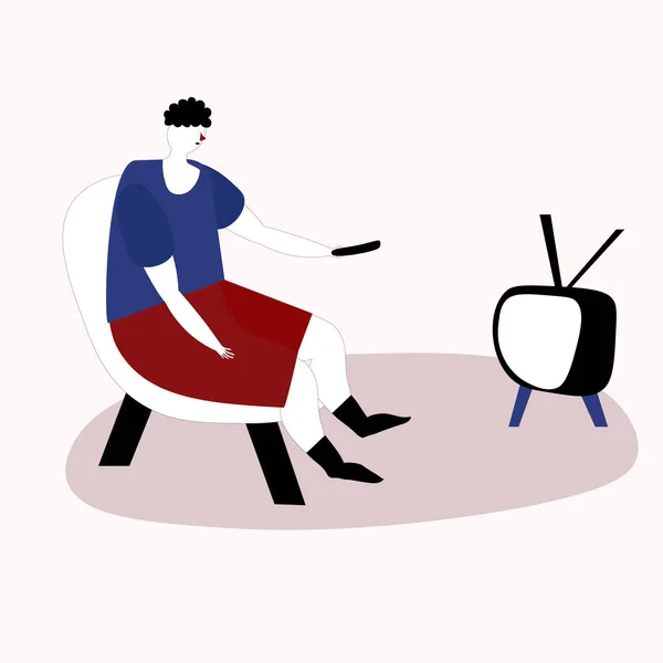 肘掛け椅子でテレビを見ている男 ドアスタイルの手描きのスケッチでベクトルイラスト — ストックベクタ