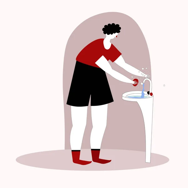 Mann Wäscht Sich Die Hände Waschbecken Vektor Illustration Doodle Stil — Stockvektor