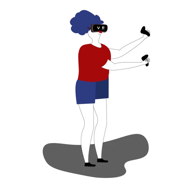 Chica utiliza un casco de realidad virtual Ilustración vectorial en estilo garabato boceto dibujado a mano . — Vector de stock