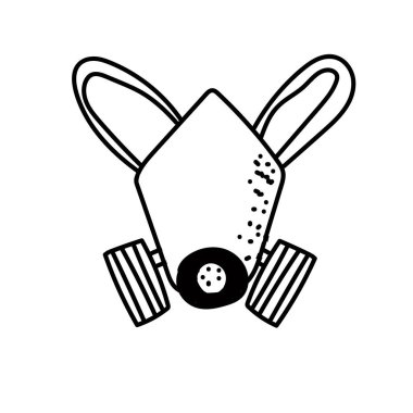 Virüs ve bakterilere karşı koruma. Resim el çizimi. Tıbbi, cerrahi maske, solunum cihazı. Tozdan korur. Çizim biçiminde vektör illüstrasyon çizimi.