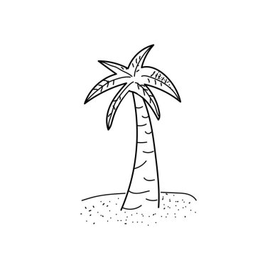 Hindistan cevizi palmiyesi çizgisi, siyah siluet, el çizimi çizimi simgeler beyaz arkaplanda izole edilmiş, sanat logosu tasarımı.