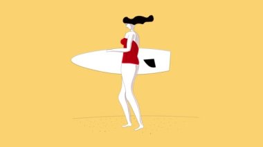 Animasyon. Sörf tahtası olan bir kız plaj boyunca yürüyor. Turistik tatil kızları. Yaz tatili kavramı. Çevrimiçi serbest çalışma molası. Spor yaşam tarzı.