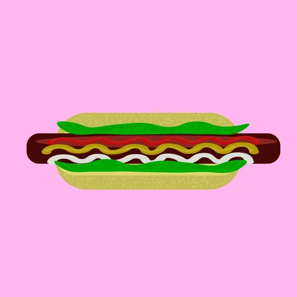 Vector illustration of a hot dog with ketchup, mustard and mayonnaise. Cartoon flat style — Stock Vector