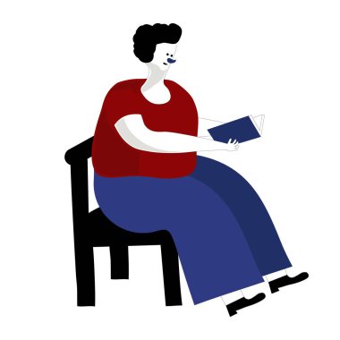 Ders kitabı okuyan genç bir adam. Sandalyede oturan kahverengi saçlı erkek öğrenci ellerinde kitapla beyaz arka planda izole edilmiş çizgi film. Eğitim ve hobi kavramları için hevesli okuyucu illüstrasyonu