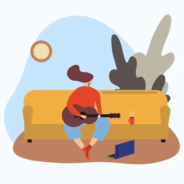 Mladá dívka nebo žena hrající na kytaru na pohovce v obývacím pokoji. Učení hudby na dálku. Učím se doma. Trávit čas doma. stylizované ilustrace v kresleném plochém stylu — Stock fotografie
