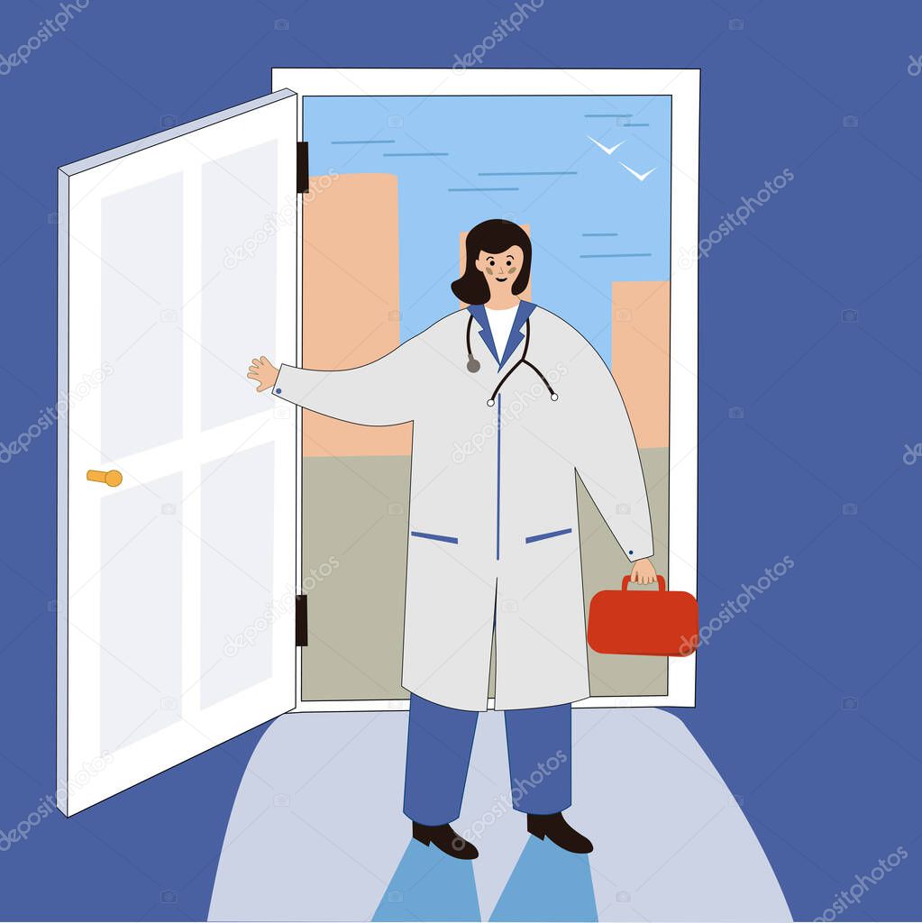 Smiling female doctor at the door. Funny character design. Stylized Cartoon Vector Illustration. Doctors at home Visiting medical services Promo Poster. Banner advertising. Seek professional medical attention