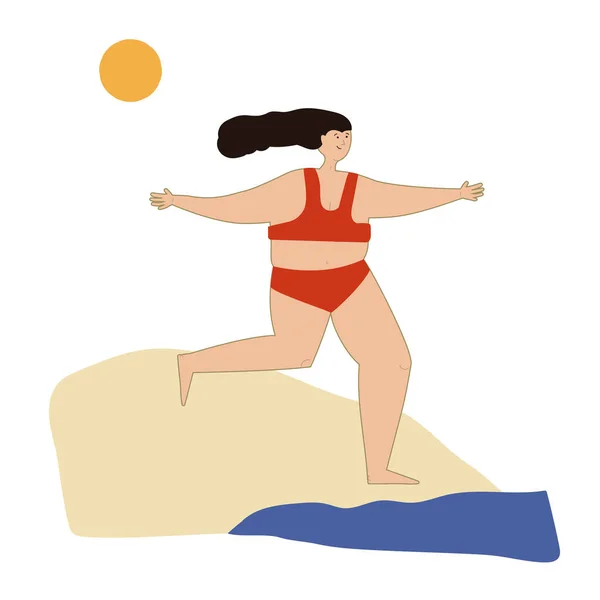 Girl Red Bikini Beach Young Athletic Woman Seashore Running Water — Stock Vector