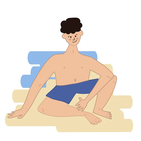 Homem Senta Areia Calções Ilustração Vetorial Estilo Desenhado Mão — Vetor de Stock