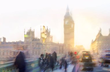 Westminster bridge ile güzel sabahı birden fazla pozlama görüntü bulanıklığı insanlar yürümekten. Görünüm Big Ben'e ve Parlamento dahil.