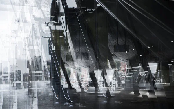 Modern architecture, Train station with escalators, supportive metal beams, tickets machine. Multiple exposure image — Stock Photo, Image