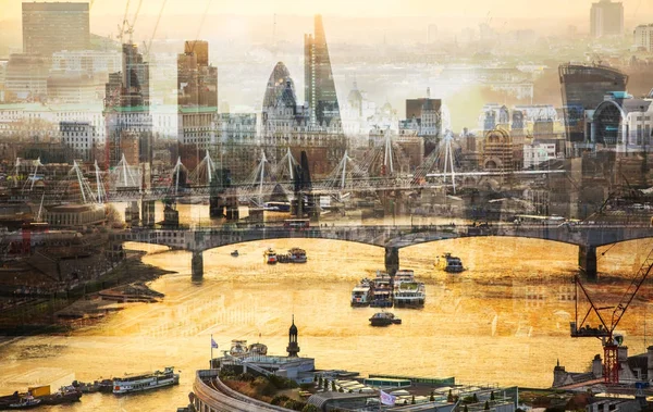 Moderne gebouwen van de City van Londen, meerdere blootstelling afbeelding bevat wolkenkrabbers van zakendistrict bij zonsondergang. Verenigd Koninkrijk, Londen — Stockfoto