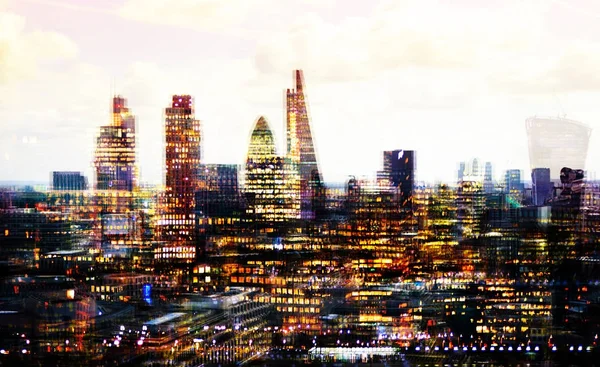 City of London modern buildings,  multiple exposure image includes skyscrapers of business district at sunset. UK, London — Stock Photo, Image