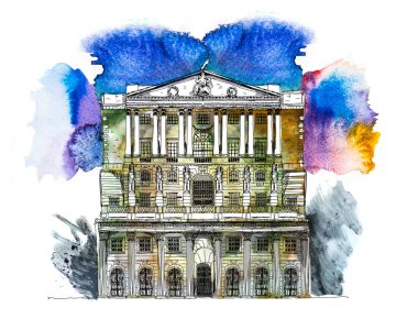 İngiltere'de Londra, İngiltere Bankası. Renkli su renk efektleri ile kroki