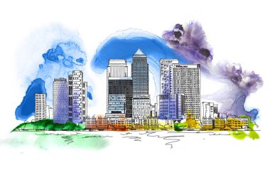 Canary Wharf iş aria, Londra, renkli su renk efektleri ile kroki