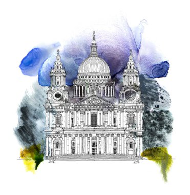 St. Paul Katedrali, Londra. Koleksiyon ünlü binalar kroki. Renkli su renk efektleri ile kroki