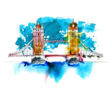 Londra, Tower bridge. Renkli su renk efektleri ile kroki