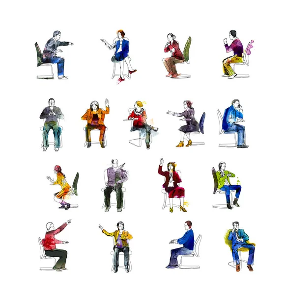 Silhouettes of successful business people working on meeting. Sketch with colourful water colour effects — Stock Photo, Image