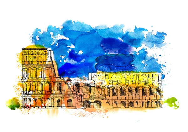 Colosseum, Róma, Olaszország. Vázlat, színes víz szín effektek — Stock Fotó