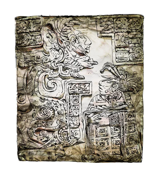 Bajorrelieve Tallado Con Quetzalcoatl Civilización Maya Precolombina Bosquejo Con Coloridos —  Fotos de Stock