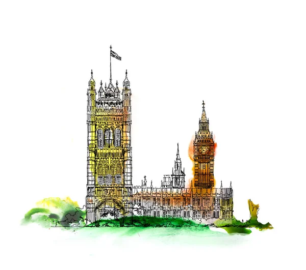 Big Ben, London UK. Sketch with colourful water colour effects. — Stock Photo, Image