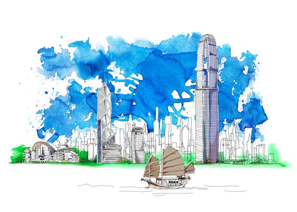 Hong Kong Business Center Bank China Sketch Colourful Water Colour — Stock Photo, Image