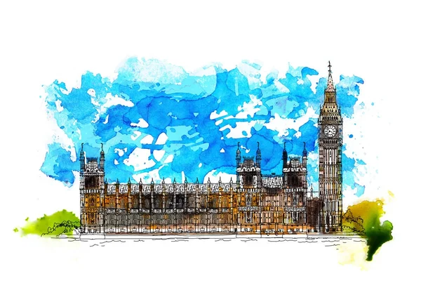 Big Ben, London İngiltere'de. Renkli su renk efektleri ile kroki. — Stok fotoğraf