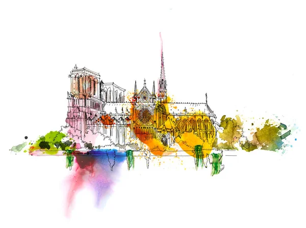 Esquisse de Notre Dame de Paris. Croquis aux effets aquarelle colorés — Photo