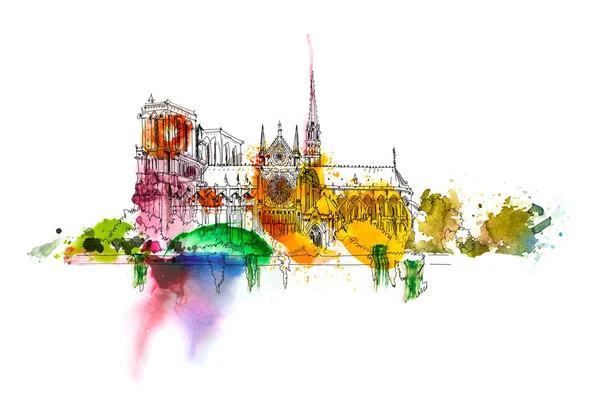 Sketch of Notre dame de Paris. Sketch with colourful water colour effects — Stock Photo, Image