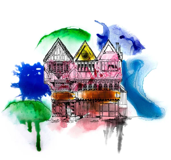 Pretty old house, Sketch with colourful water colour effects — Stock Photo, Image