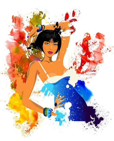 Beautiful young woman with black hair. Sketch with colourful water colour effects — Stock Photo, Image