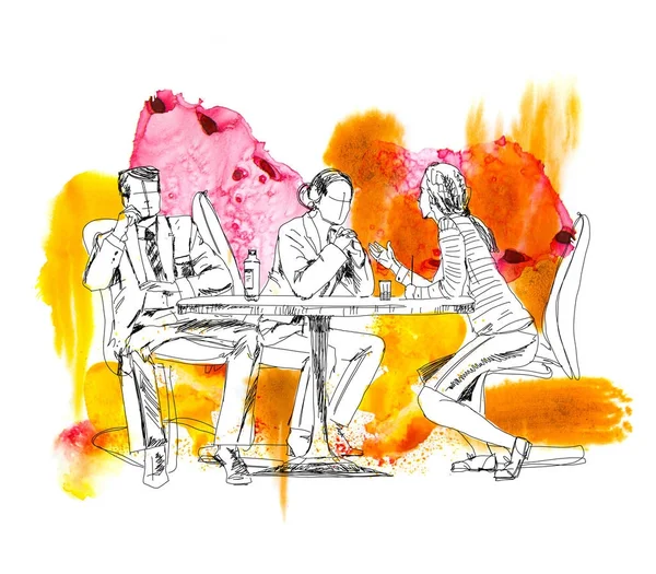 Σιλουέτες των ανθρώπων επιτυχημένη επιχείρηση που εργάζονται σε σύσκεψη. Σκίτσο με πολύχρωμα νερό εφέ χρώματος — Φωτογραφία Αρχείου