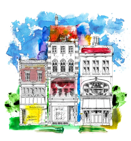 Mooie oude huis, Sketch met kleurrijke watergevolgen kleur — Stockfoto