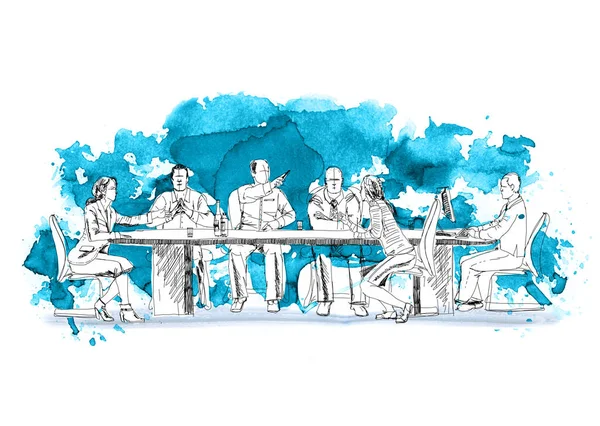 Siluety úspěšní podnikatelé, pracující na setkání. Náčrt s barevnými vody barevné efekty — Stock fotografie
