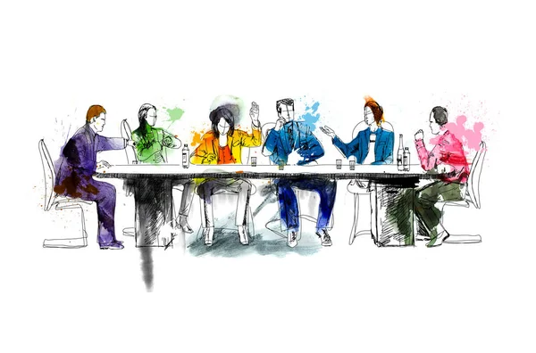 Silhouettes of successful business people working on meeting. Sketch with colourful water colour effects — Stock Photo, Image