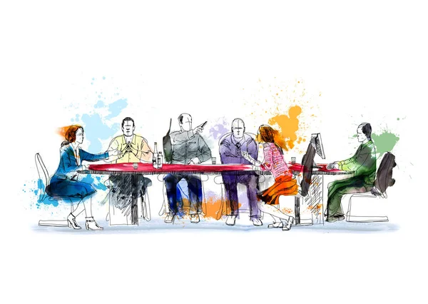 Σιλουέτες των ανθρώπων επιτυχημένη επιχείρηση που εργάζονται σε σύσκεψη. Σκίτσο με πολύχρωμα νερό εφέ χρώματος — Φωτογραφία Αρχείου