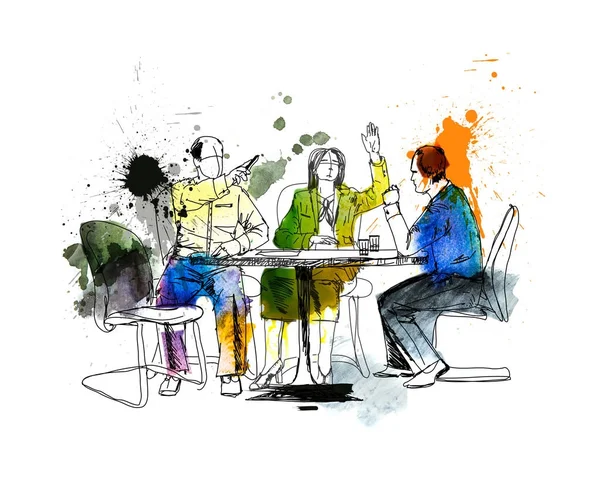 Silhouettes of successful business people working on meeting. Sketch with colourful water colour effects — Stock Photo, Image